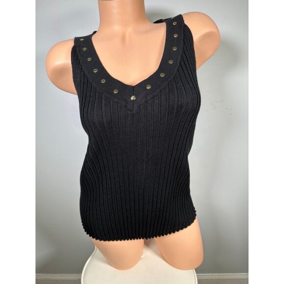Vintage Y2K Bellidini Large Womens Tank Top Black Sleeveless Ribbed Beaded VNeck - Picture 3 of 9